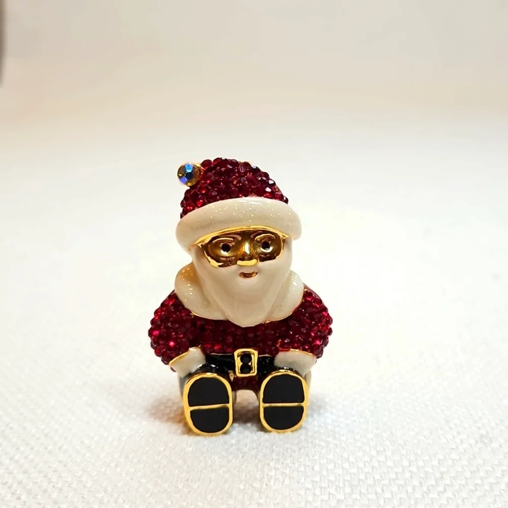 Vintage jeweled Santa pin brooch gold, enameled sparkled and crystals 2